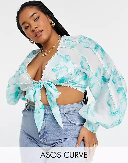ASOS DESIGN Curve co-ord floral tie front blouson sleeve crop top and flippy sho | ASOS | ASOS (Global)