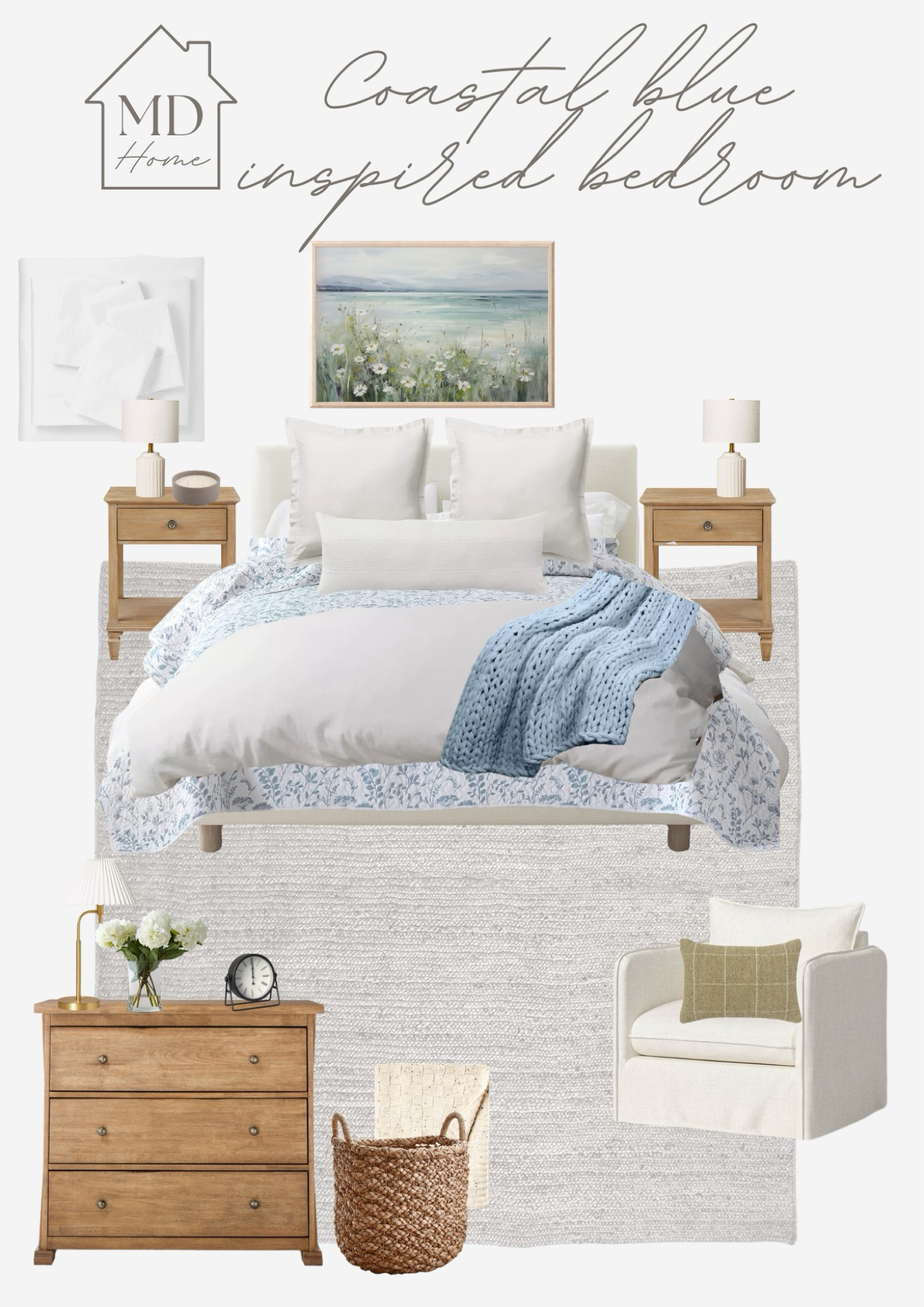 This was my first attempt at the classic coastal grandma look but simplified. 
🐚🏠🦀🌊🌸👵🏻
I started with a neutral base with wood dressers/ nightstands along with a jute rug (from Amazon) and a classic and timeless bed frame (from Pottery Barn). 

After that, I took the statement piece of the quilt (from Amazon). It has a gorgeous blue that really gives the coastal feel I was looking for. I paired this with 2 white large pillows I love (from Target) and a white comforter. And of course a knit throw 🤷🏼‍♀️

I found the Art 🖼️ above the bed from Etsy and tied the green from the painting into my sitting chair by using a green pillow. 

#LTKstyletip #LTKSeasonal #LTKhome