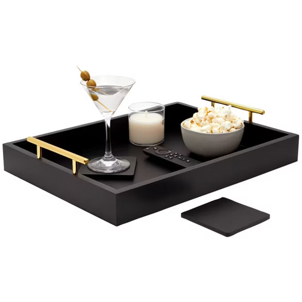 Juvale Decorative Wood Serving Tray with Handles and Coasters, Black, 15.7 x 11.8 x 3 in | Target