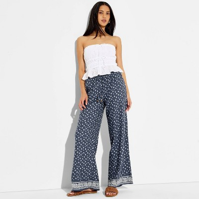 Women's Low-Rise Baggy Leg Linen Pull-On Pants - Wild Fable™ Navy Blue Paisley XS | Target