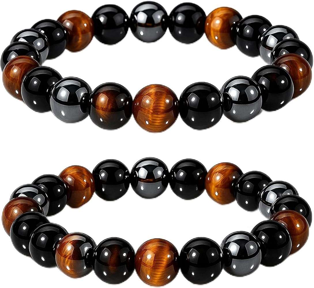 WFJ Black Obsidian Hematite Triple Protection Bracelets Set - Tiger Eye Beaded Natural Stone Brac... | Amazon (US)