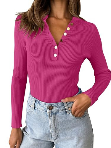 ZESICA Women's 2024 Long Sleeve Button Down V Neck Slim Fitted T Shirts Fall Casual Ribbed Knit Basic Tee Tops,Rose,Large | Amazon (US)
