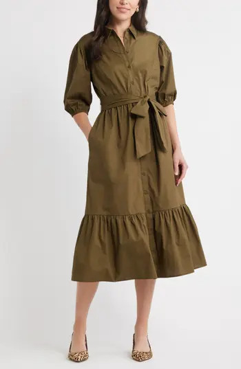 Caslon® Puff Sleeve Stretch Cotton Shirtdress in Olive Dark at Nordstrom Rack, Size Xx-Small | Nordstrom Rack