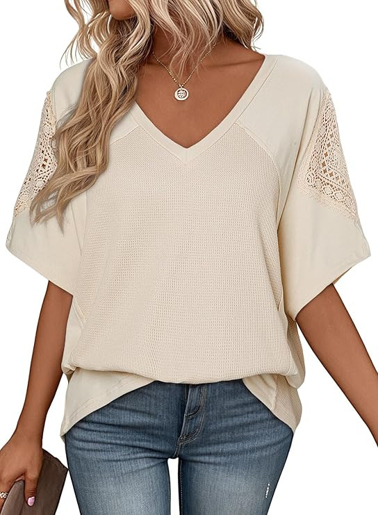 SHEWIN Womens Shirts Waffle Knit Tops Short Sleeve V Neck T Shirts Spring Tops for Women | Amazon (US)