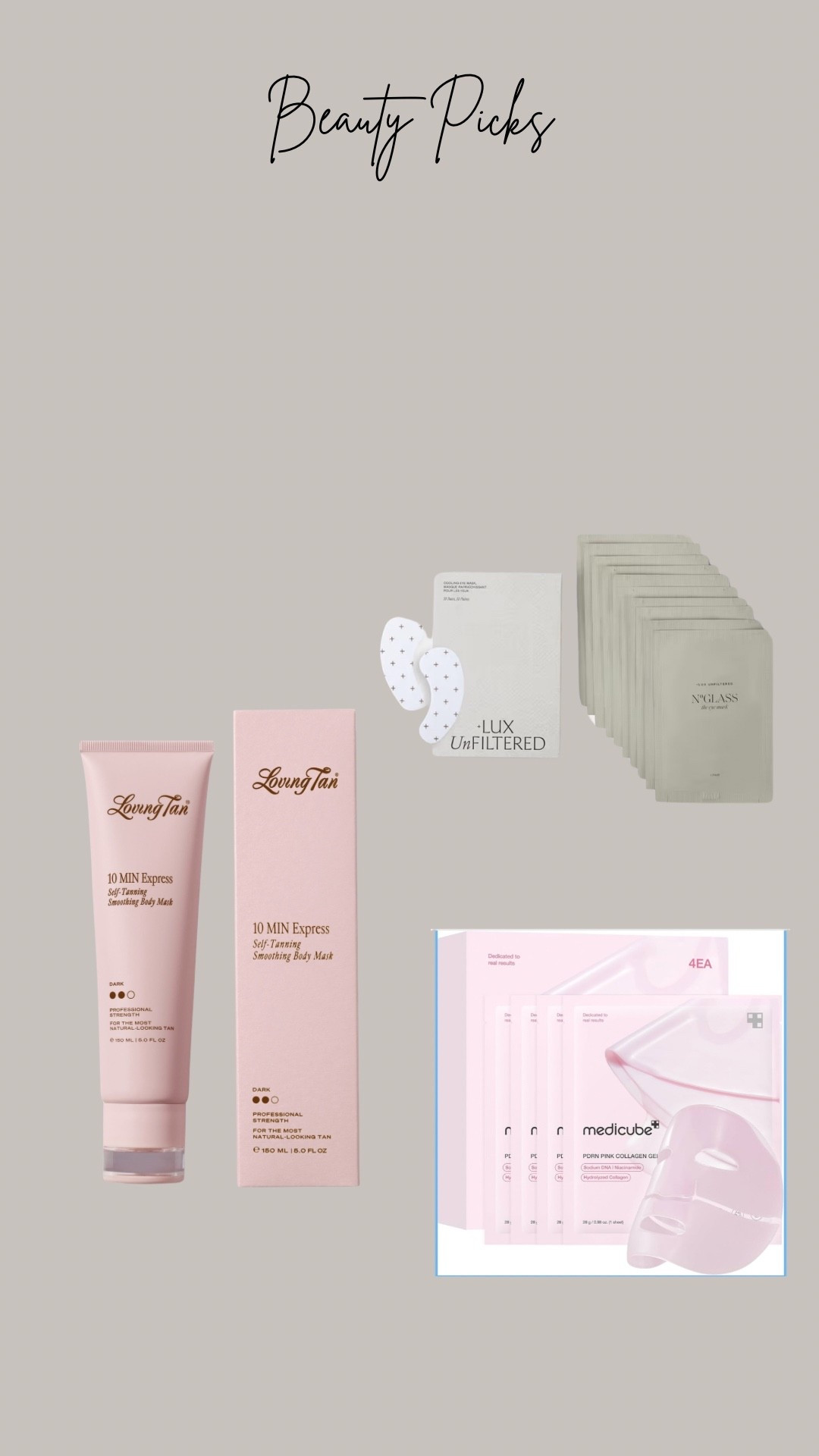 Loving tan 10 min self tanner. Lux unfiltered eye patches. Medicube skincare. 

#LTKselfcare #LTKgrwm #LTKBeauty