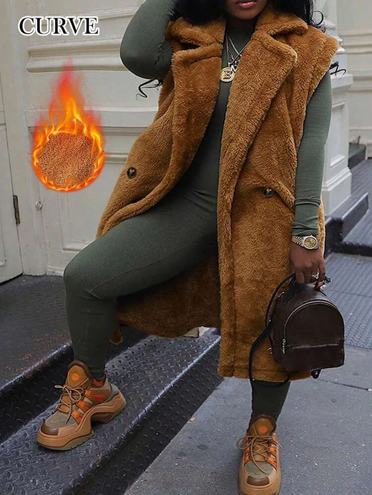 ANCHOSE Women's Casual Turndown Collar Double Button Pocket Solid Color Fuzzy Cardigan Sweater | SHEIN