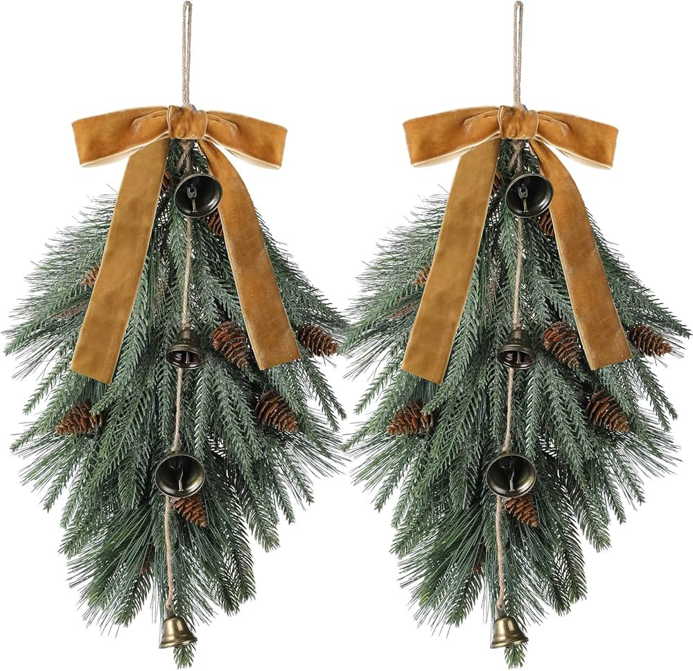 Shihanee 2 Pcs Christmas Teardrop Swag Rustic Door Swag Teardrop Wreath Artificial Norfolk Pine N... | Amazon (US)