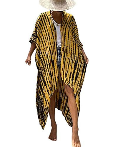 Bsubseach Stylish Tie Dye Open Front Long Kimono Swimsuit Cover Up for Women Swimwear Cover Ups Yellow | Amazon (US)