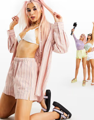 ASOS DESIGN mix and match cotton poplin boxer short in pink stripe | ASOS (Global)