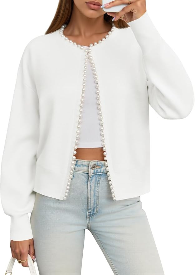 Saodimallsu Womens Fall Open Front Cardigan Sweaters Pearl Long Sleeve Knit Tops Crewneck Dressy ... | Amazon (US)