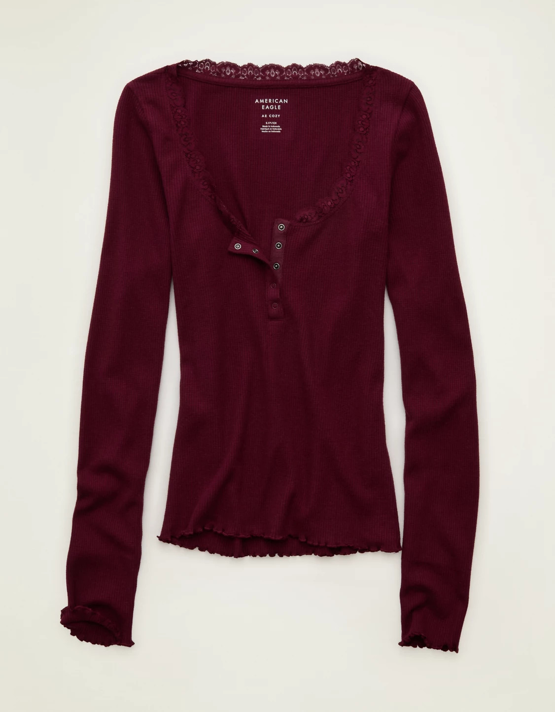 New AE Cozy Waffle Lace Trim Henley T-Shirt | American Eagle Outfitters (US & CA)