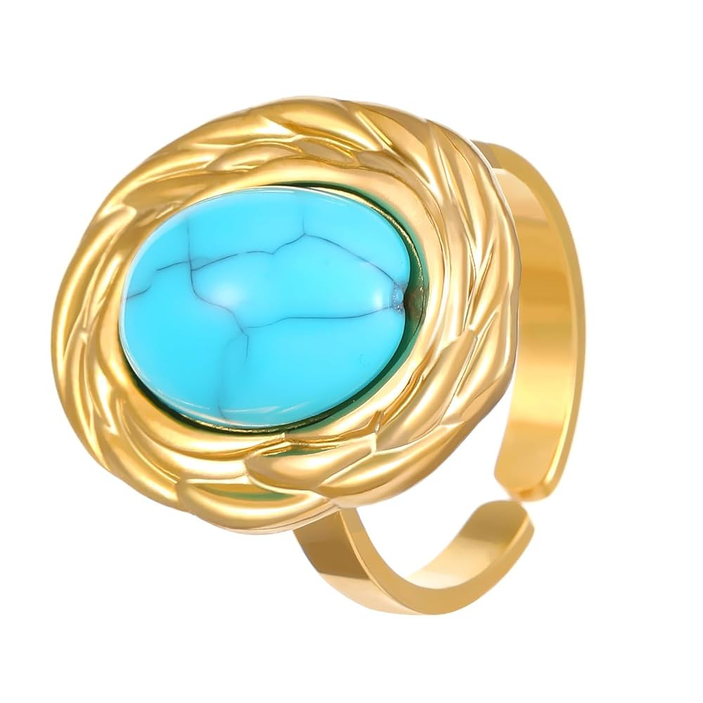 Turquoise Ring, 18K Gold Plated Stainless Steel Oval Gemstone Rings for Women, Big Chunky Gold Ri... | Amazon (US)