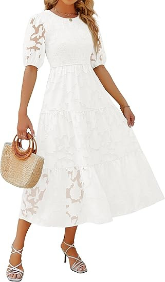 ZESICA Women's 2025 Summer Short Puff Sleeve Crewneck Smocked Floral Lace Flowy A Line Tiered Max... | Amazon (US)