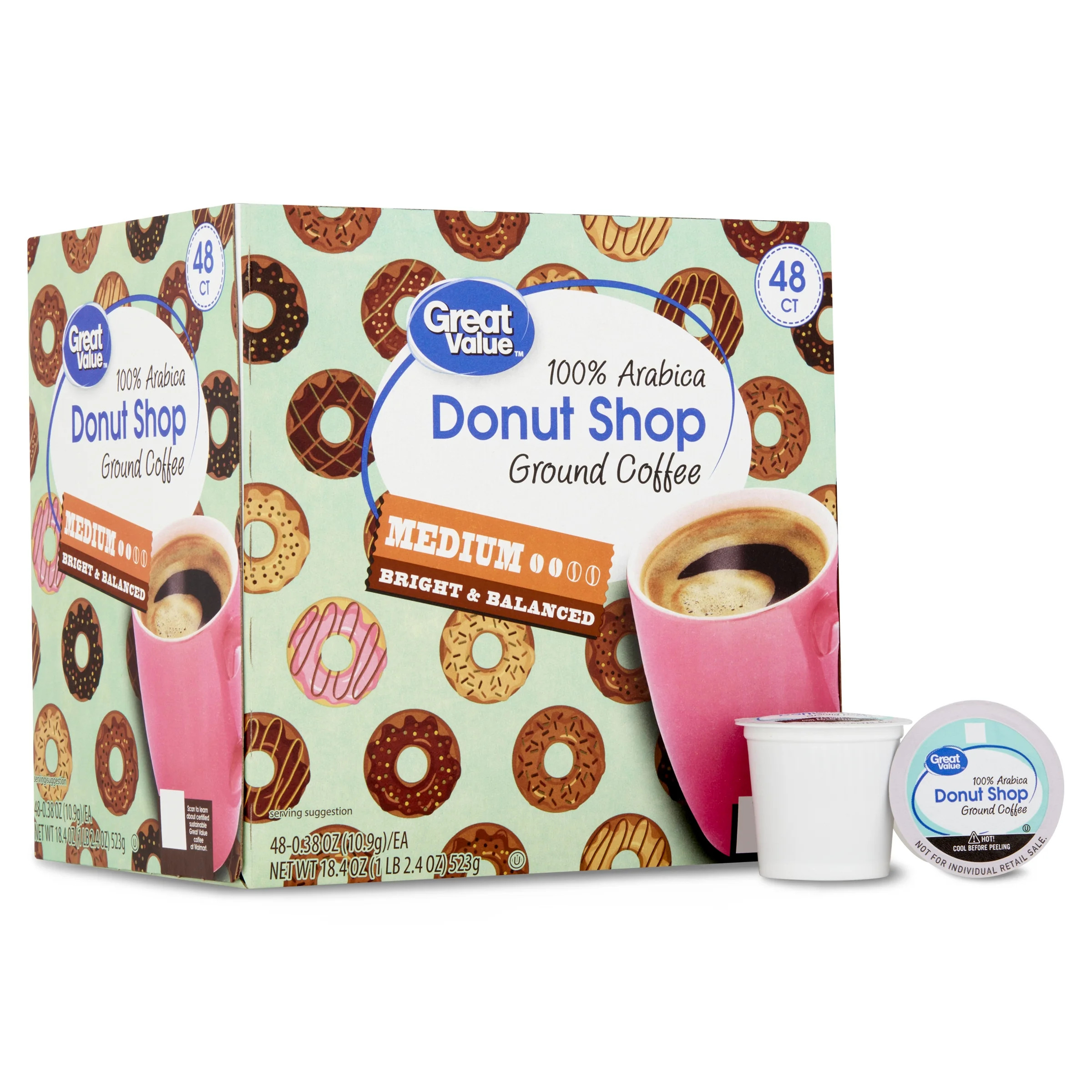 Great Value Donut Shop 100% Arabica Medium Roast Ground Coffee Pods, 48 Ct | Walmart (US)