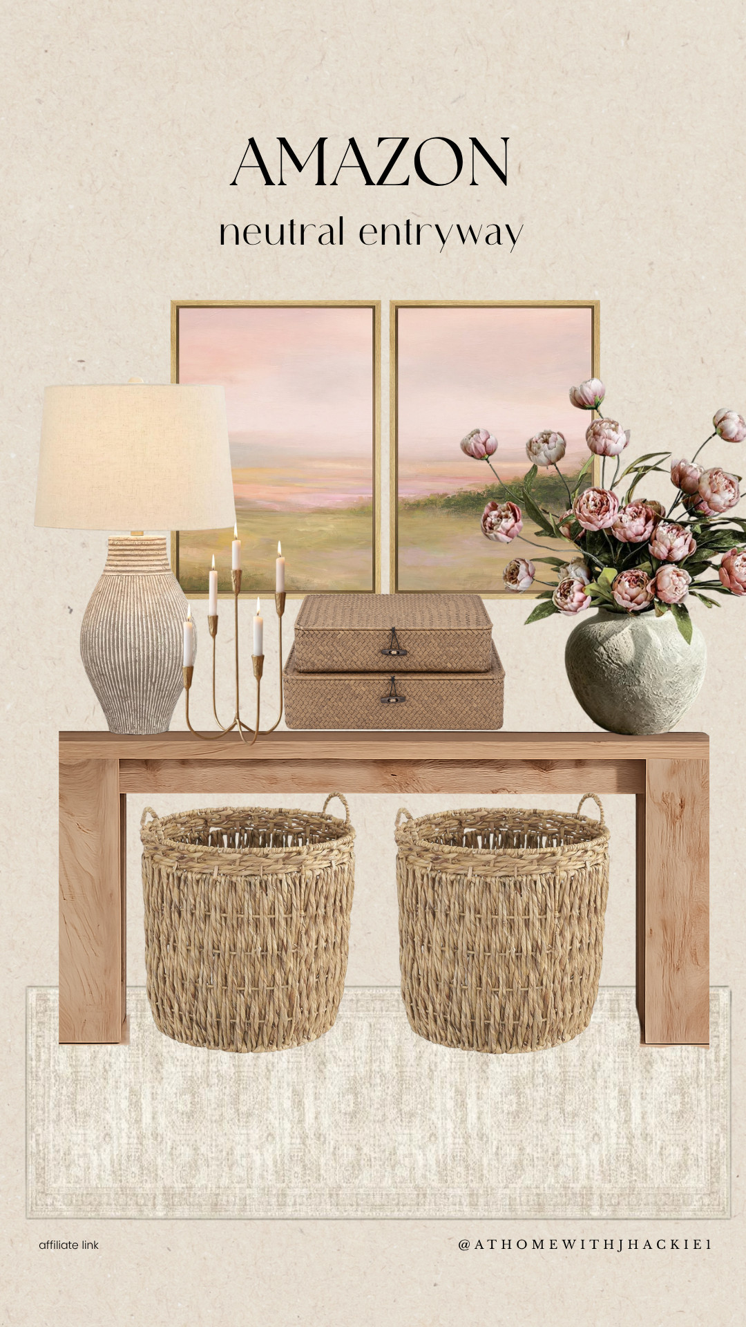 Amazon Neutral Entryway, Amazon entryway decor, entryway styling, console table decor, neutral home decor, woven storage baskets, table lamp, decorative candle holders, woven storage boxes, faux peonies, framed landscape art, entryway rug, foyer inspiration, neutral decorating, modern traditional decor, Amazon finds, home organization, foyer decor, welcoming entryway, home styling, neutral interiors

#LTKSeasonal #LTKHome