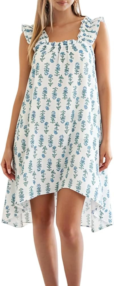 Womens Ruffle Sleeveless Nightgowns Soft Cute Printed Sleep Dress Comfy Lightweight Sleepwear | Amazon (US)