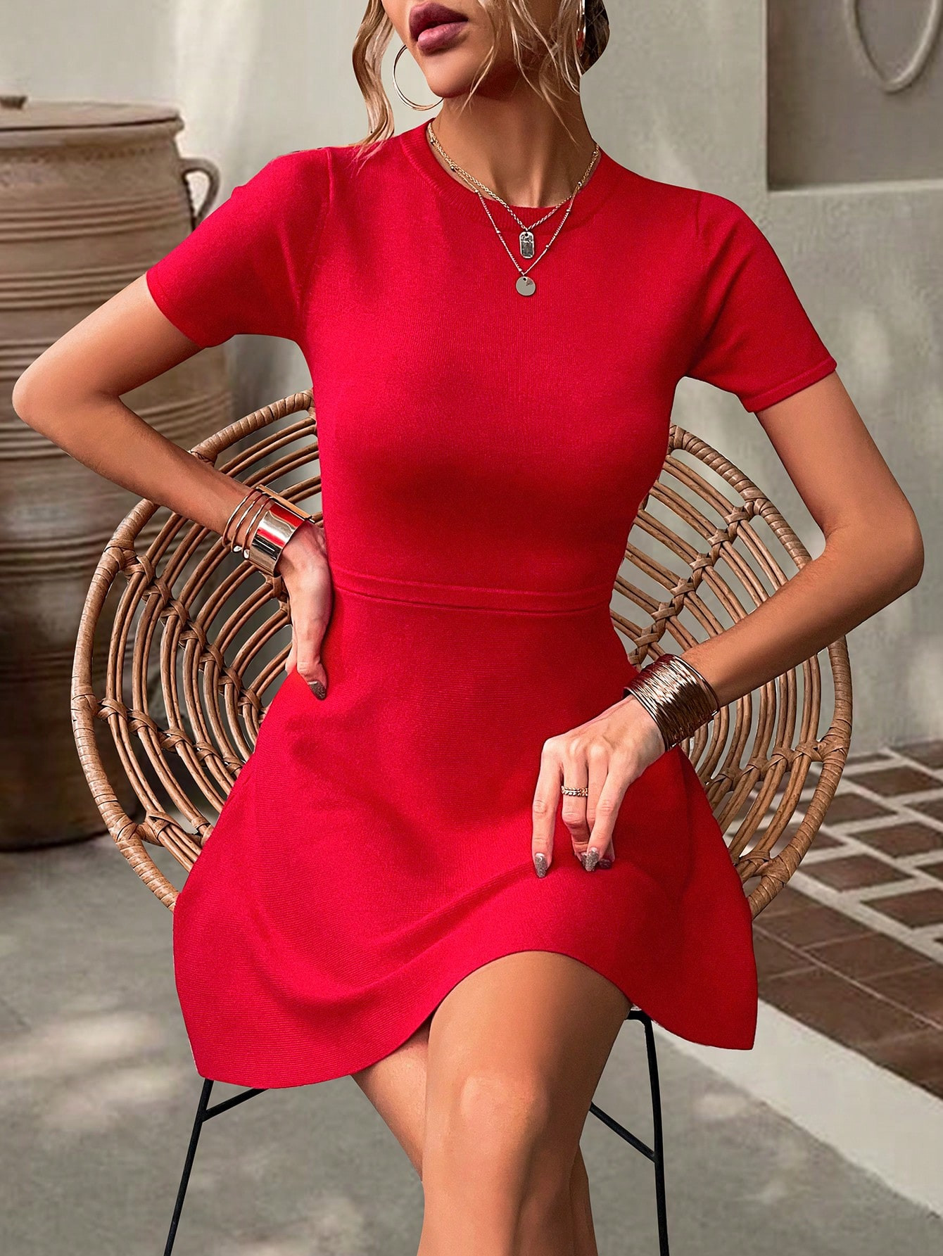 Knit Mix Solid A-line Sweater Dress | SHEIN