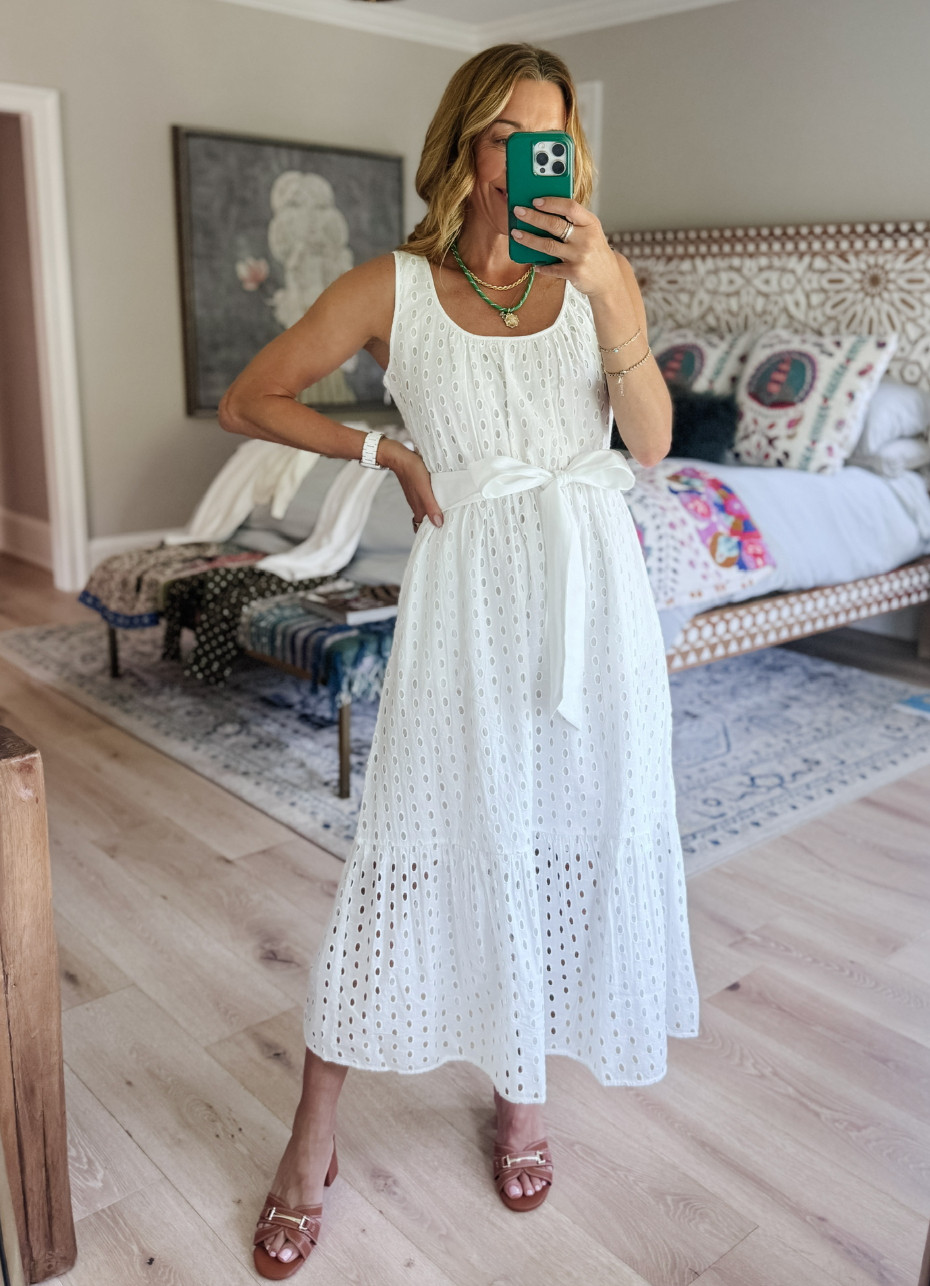 Long weekend sales are here!!🎊 A summer must have... a crisp white dress! Love the eyelet detail and tie waist offers such a flattering fit! Summer stunner! 

 #LTKgrwm #LTKootd #LTKSeasonal