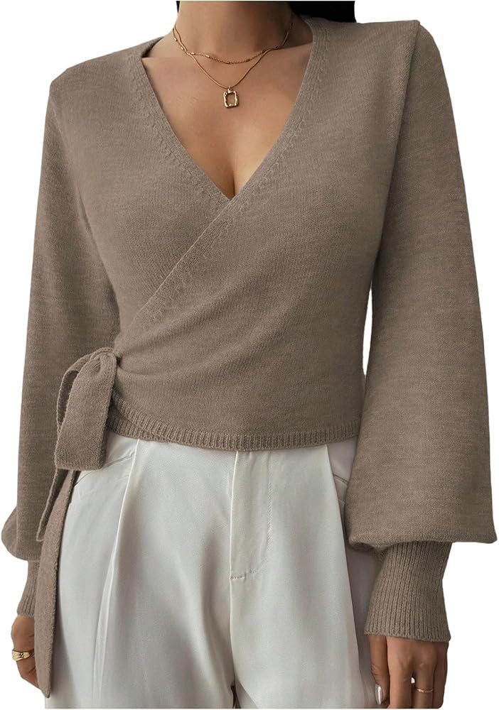 SHENHE Women's V Neck Wrap Sweater Pullover Slim Fit Knit Crop Top Sweater     Fall Wrap Sweater ... | Amazon (US)