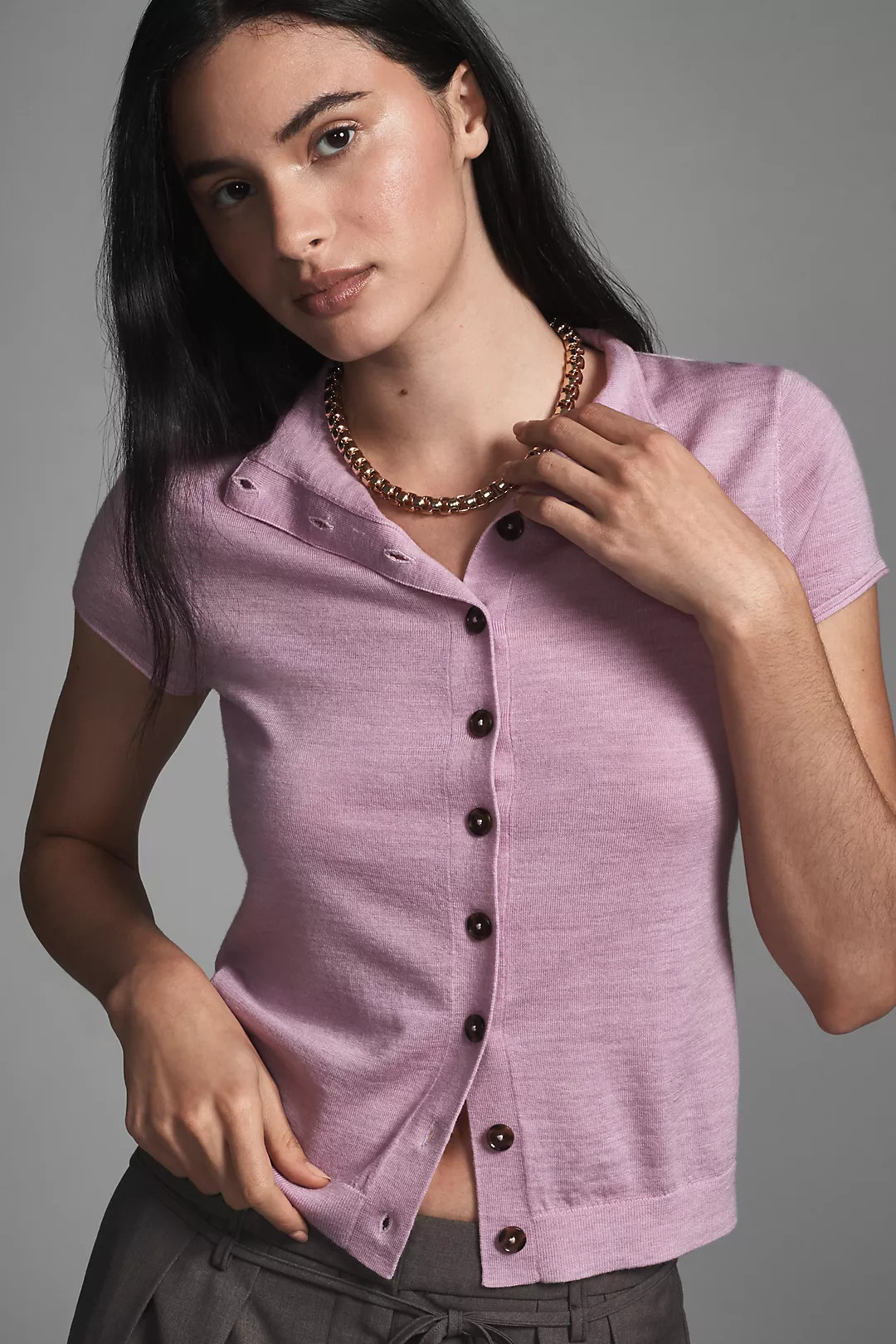 Pilcro Merino Wool Mock-Neck Short-Sleeve Cardigan Sweater | Anthropologie (US)