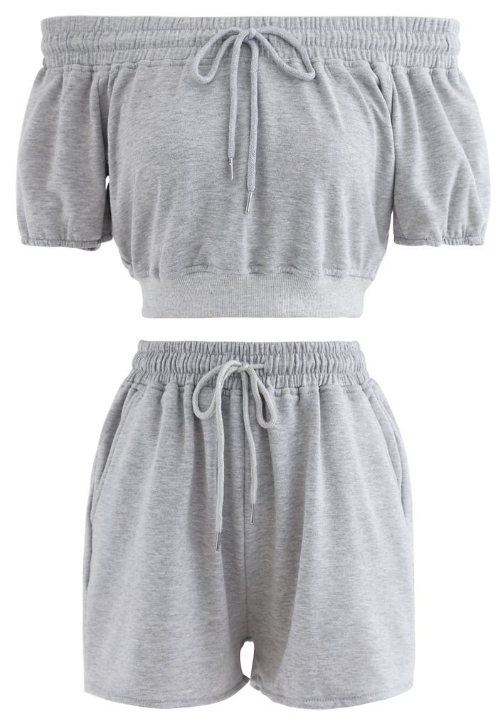 Drawstring Off-Shoulder Crop Top and Shorts Set in Grey | Chicwish