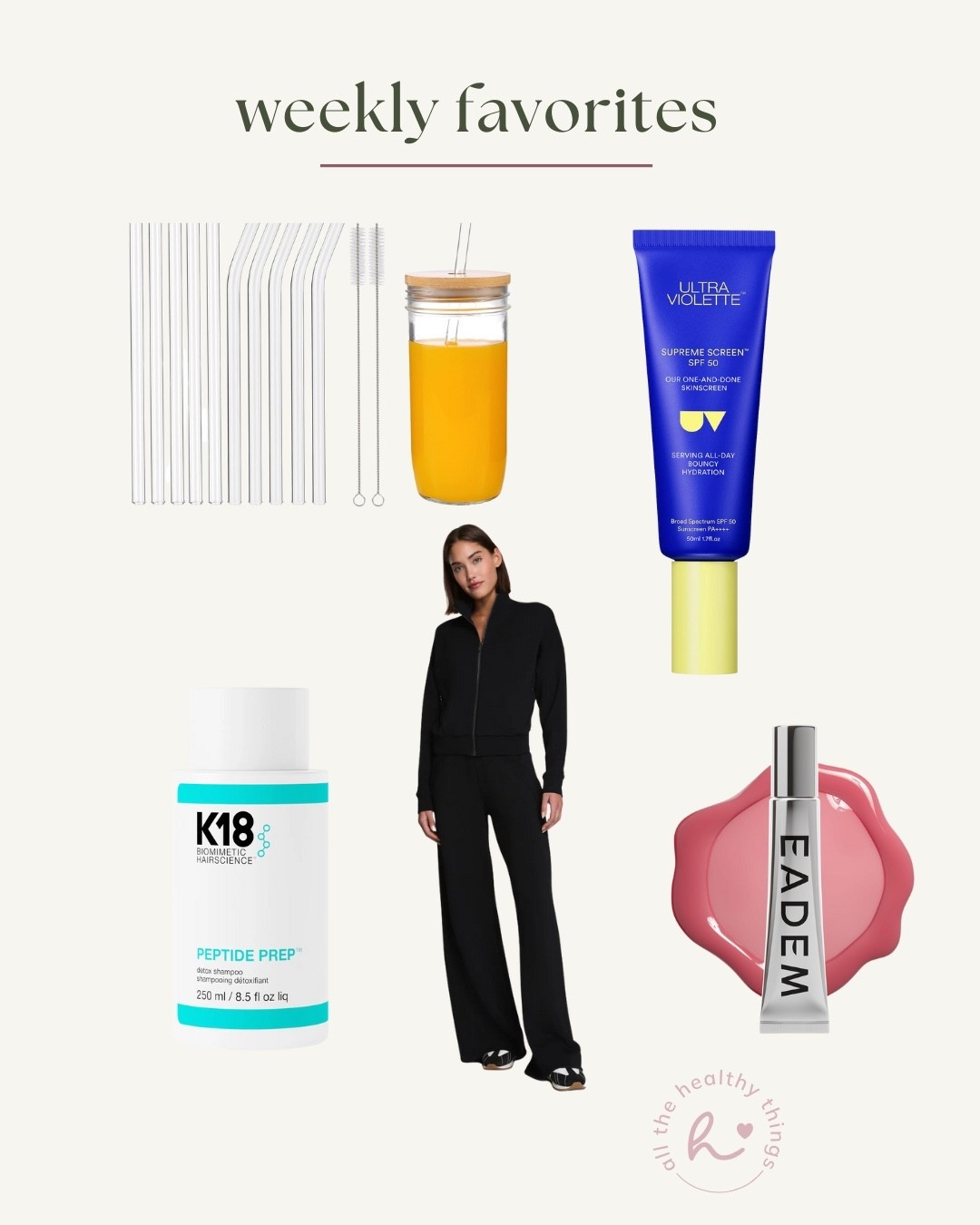 ✨Spanx Air Essentials Set: My new favorite travel outfit! The pants are so comfortable but also cute enough to wear to a casual dinner when paired with the matching sweatshirt.
✨Glass Straws: I've been loving these glass straws to use with my coffee or smoothies and they've been holding up well in the dishwasher.
✨Ultra Violette Supreme Screen: Obsessed with this sunscreen that also double as a moisturizer.
✨Eadem Lip Balm: Been loving this new to me lip balm. The color is just perfect and it feels so hydrating!
✨K18 Detox Shampoo: Tried this shampoo or the first time a few weeks ago and I love how it deeply cleanses without stripping my hair.