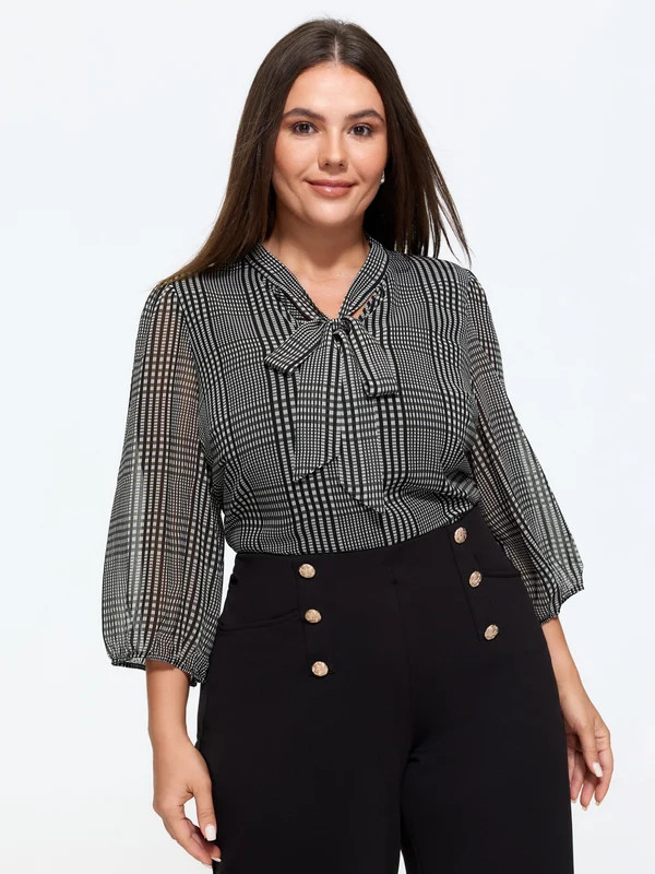 Plaid V‑Neck Bow Tie Front Blouse | Bloomchic