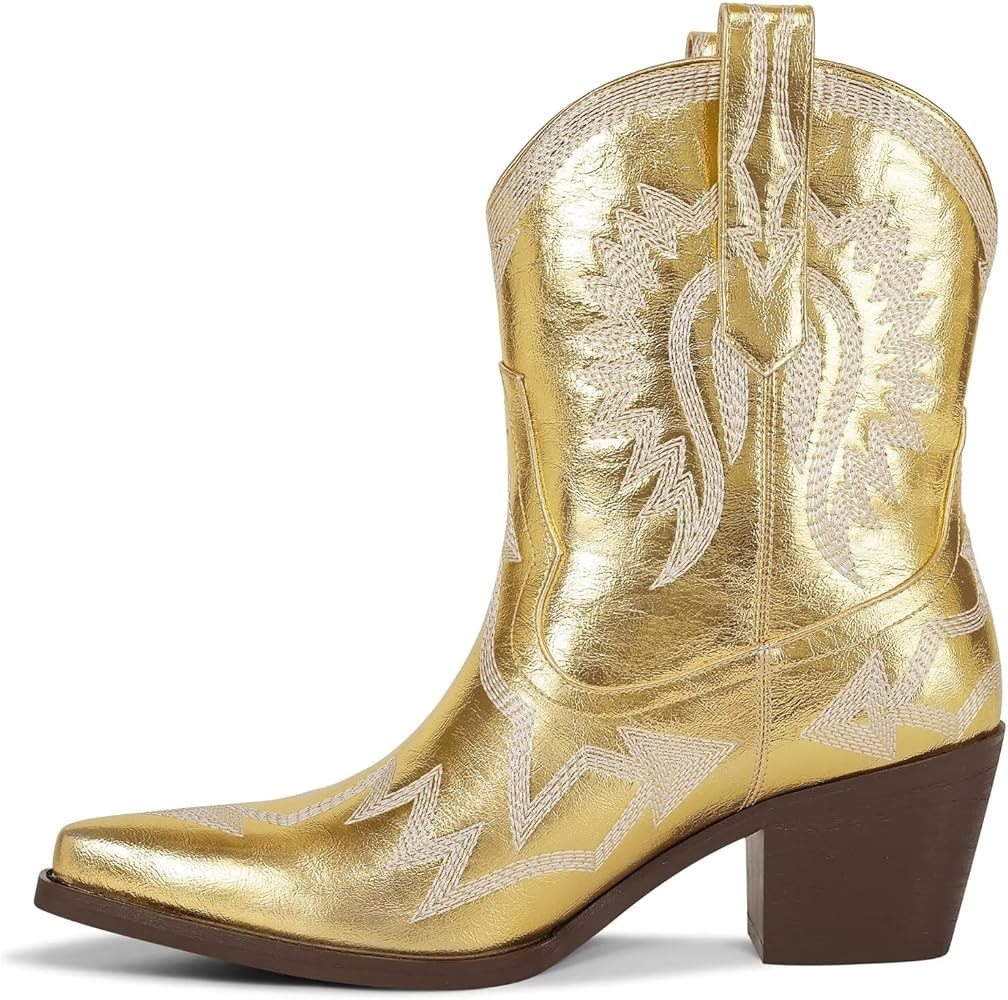 Western Boots for Women Metallic Embroidered Pointed Toe Cowgirl Boots Chunky Heel Pull-On Short ... | Amazon (US)