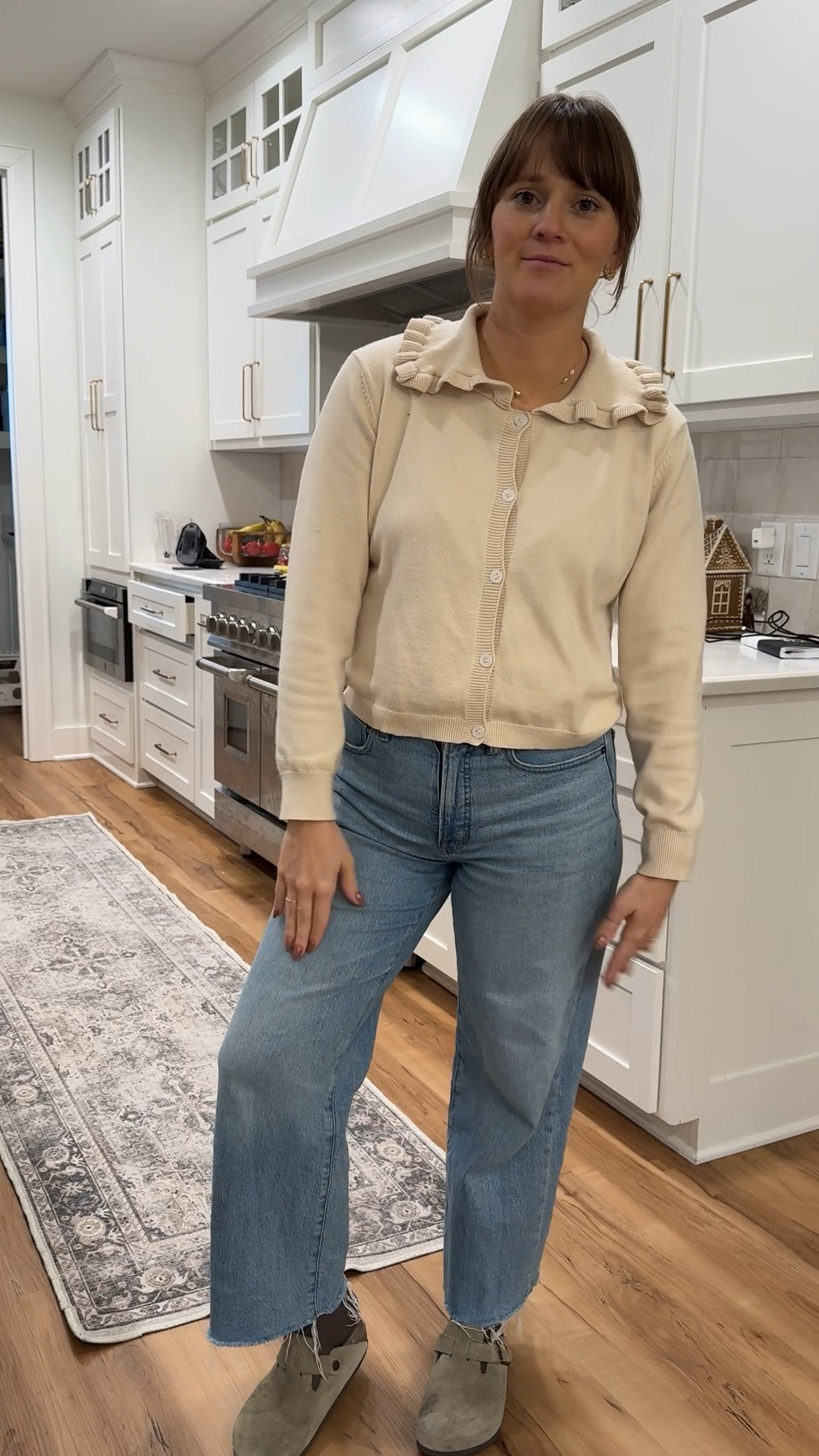 Postpartum mom outfit - Madewell light wash wide leg jeans, sweater with ruffle collar, and Birkenstocks

#LTKmomlife #LTKdayinmylife #LTKBeauty