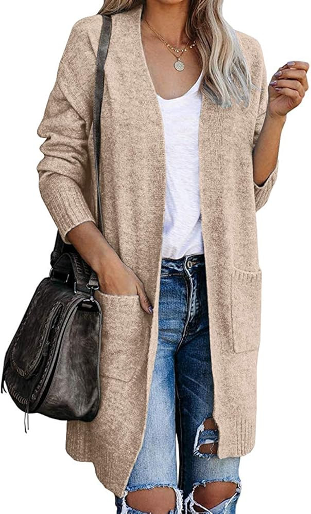 MEROKEETY Women's Basic Open Front Knit Long Sleeve Cardigan Sweater Ribbed Pockets Outwear | Amazon (US)
