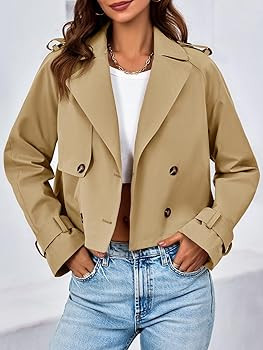 Tankaneo Womens Cropped Trench Coat Lapel Double Breasted Short Jacket Outwear | Amazon (US)