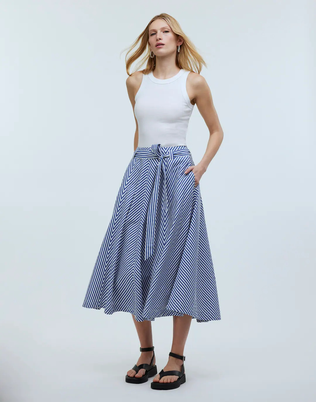 Poplin Flared Midi Skirt in Stripe | Madewell