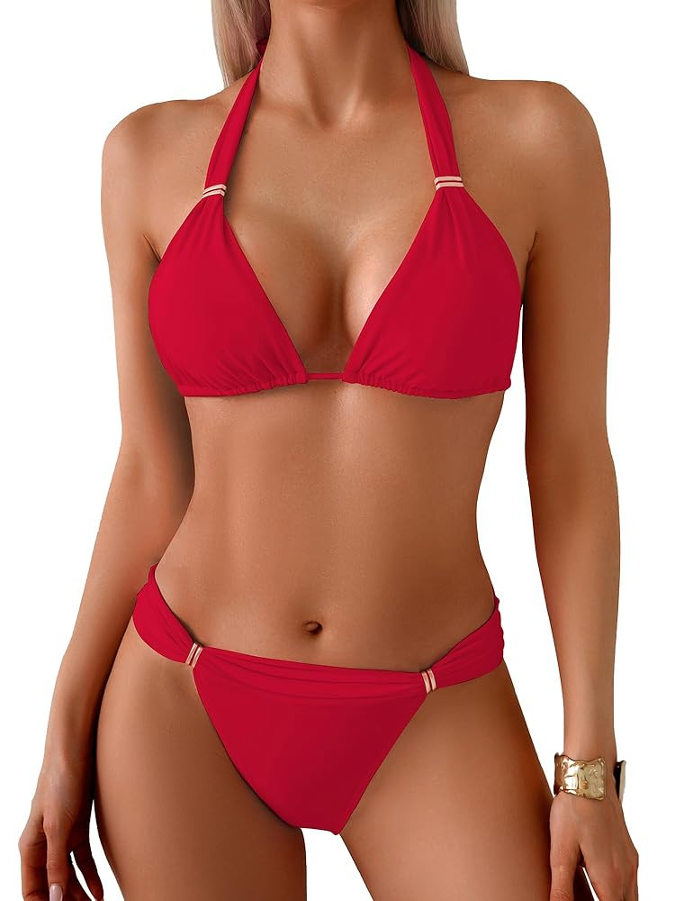 TASHEHE Women's Triangle Ruched Bikini Set Sexy Two Piece Swimsuit Halter Sliding Rings Bathing S... | Amazon (US)