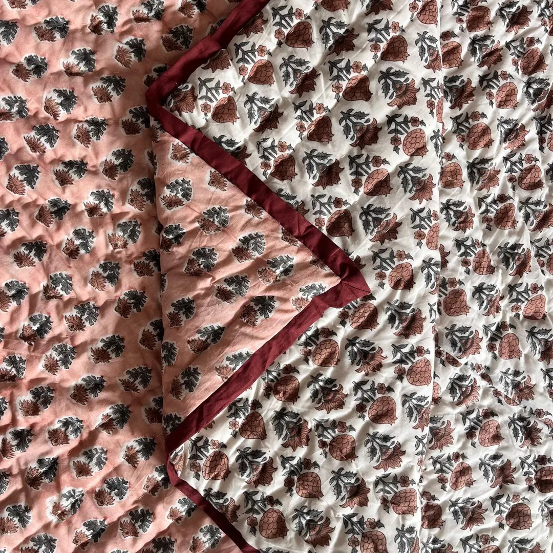 Dusty Rose Floral Block Print Quilt, Reversible Boho Bed Coverlet, Farmhouse Bedding | Etsy (US)