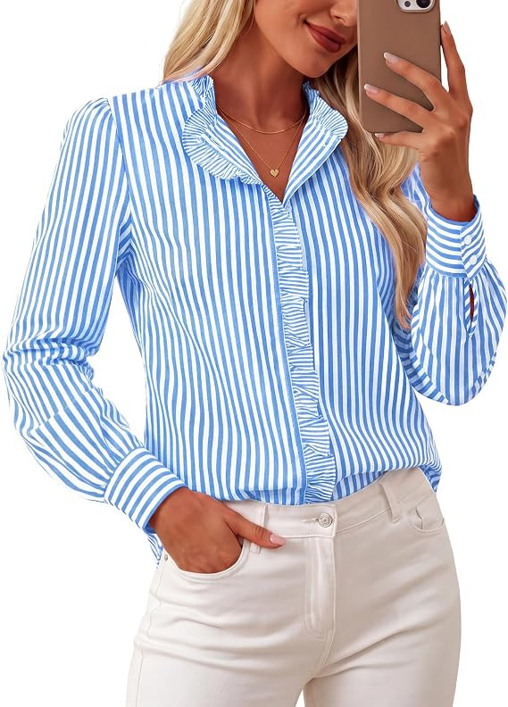 GRACE KARIN Women Dressy Casual Tops Striped Button Down Shirt | Cotton Work Tops Business Outfit... | Amazon (US)