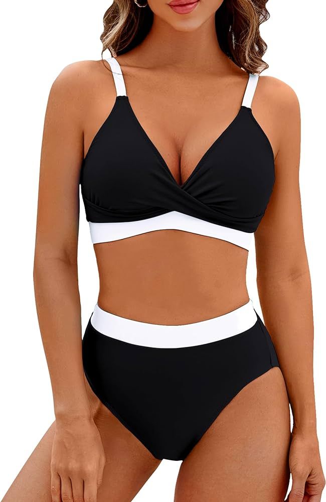 BMJL Women's High Waisted Bikini Sets V Neck Two Piece Swimsuit Color Block Twist Front Bathing S... | Amazon (US)