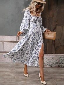Allover Floral Print Flounce Sleeve Knot Front Split Thigh Dress SKU: sw2208187773436137(1000+ Re... | SHEIN