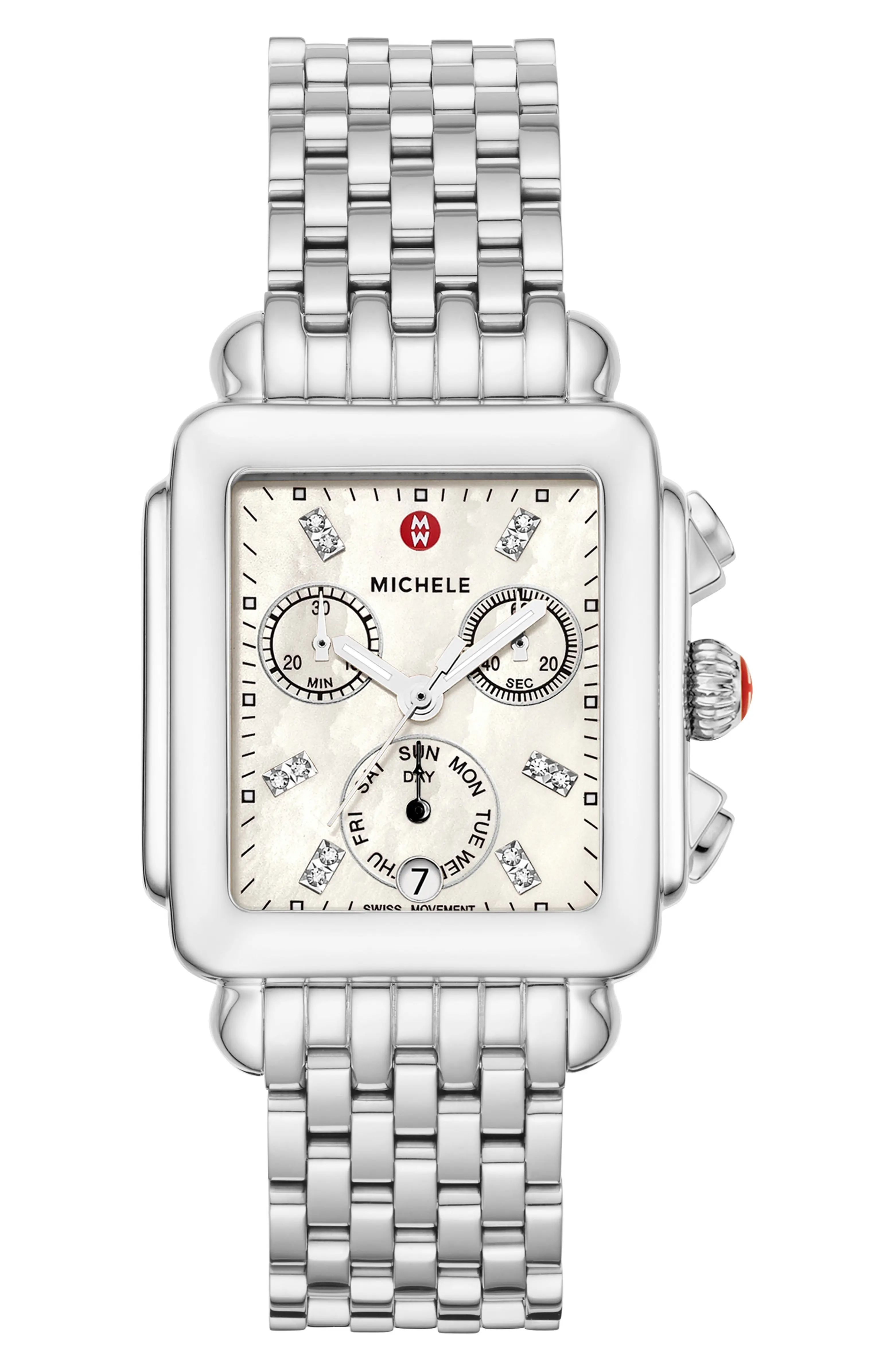 Twelve diamonds illuminate the pearly dial of an elegant chronograph watch featuring a high-shine... | Nordstrom