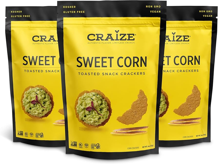 Craize Sweet Corn Crisps | Gluten Free, Vegan, Kosher, Toasted Corn Crackers | 3 pack, 4 oz each | Amazon (US)