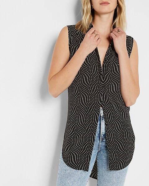 Sleeveless Pleated Shoulder Wavy Dot Print Tunic Shirt | Express