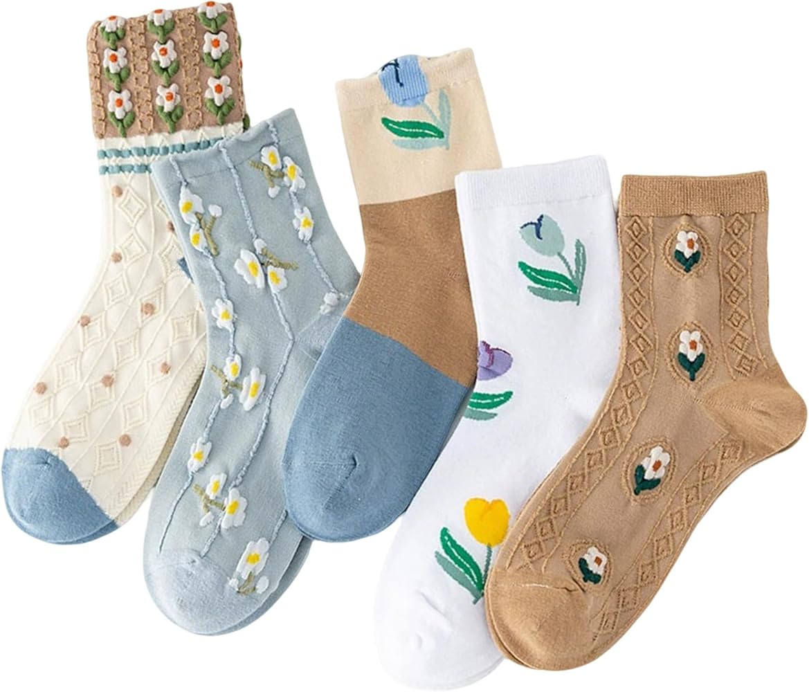 Women's Cute Floral Socks Ruffle Frilly Aesthetic 3D Flower Cottagecore Dress Sock 5 Pairs | Amazon (US)