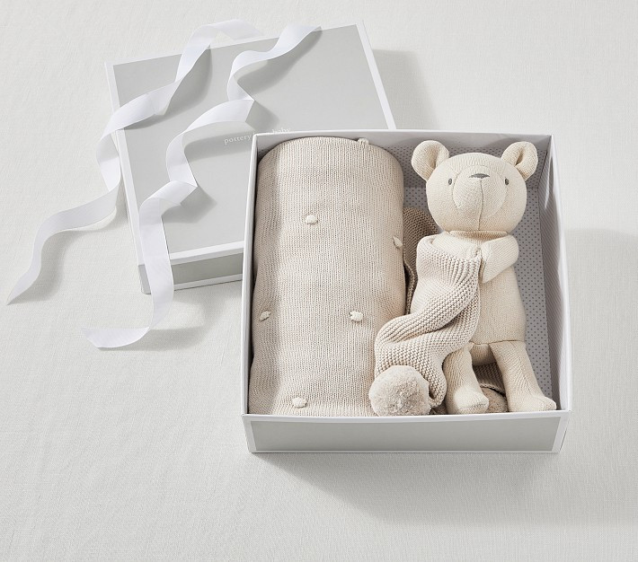 Cotton Sweater Knit Baby Blanket and Bear Thumbie Set | Pottery Barn Kids