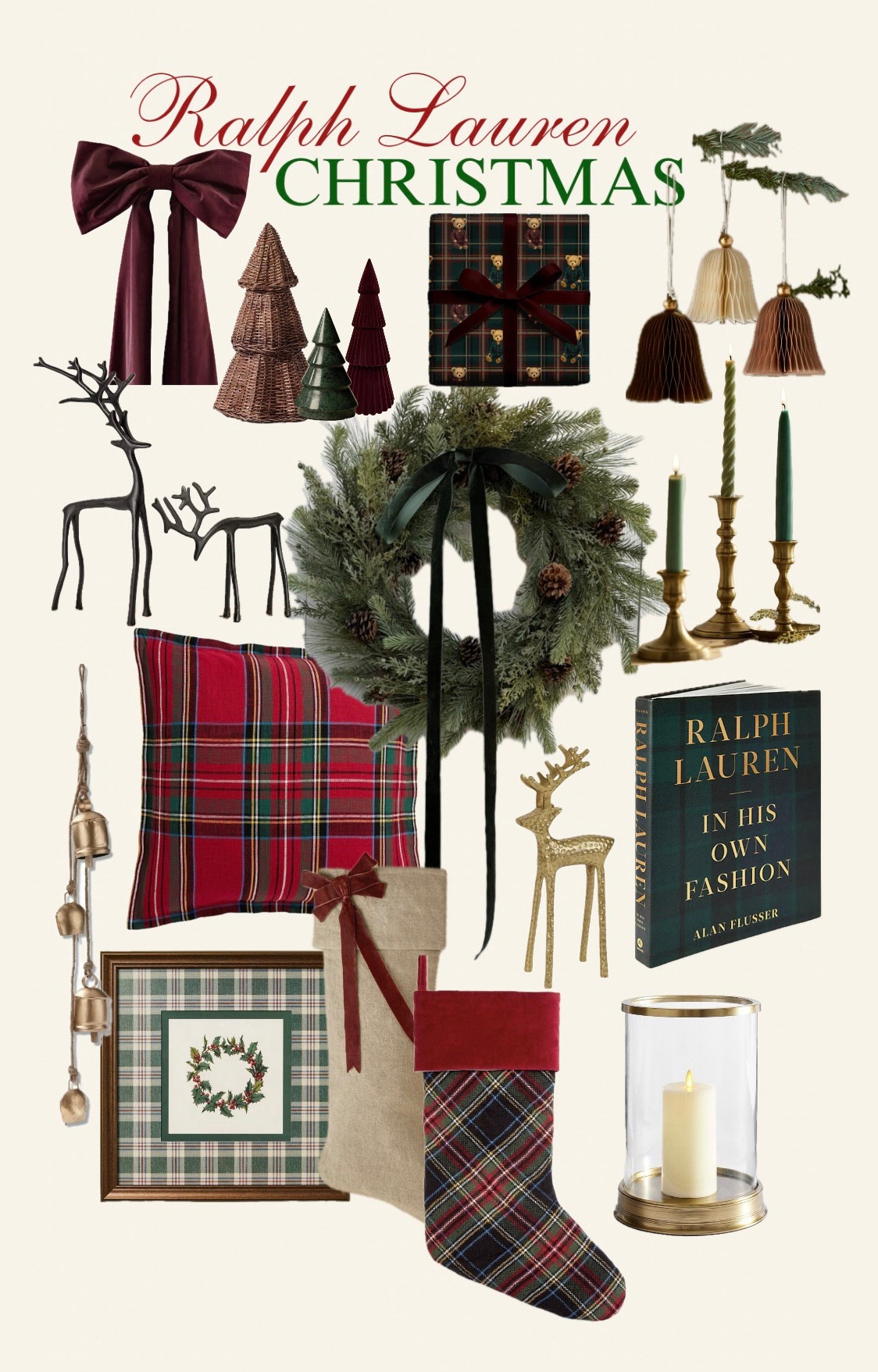 Ralph Lauren Christmas Decor Ideas ❤️🌲 red plaid pillows, christmas reindeer, wooden Christmas trees, paper bells, vintage photo art, vintage wall art, hurricane candle, brass bells, vintage garland, neutral style, christmas teddy bear wrapping paper🤎🧸

#LTKHoliday #LTKCyberWeek #LTKGiftGuide