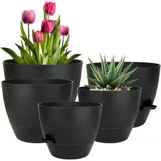ITOPFOX Modern 6 in. L x 10 in. W x 8 in. H Pure Black Plastic Round Indoor Planter (5-Pack) HDPH... | The Home Depot