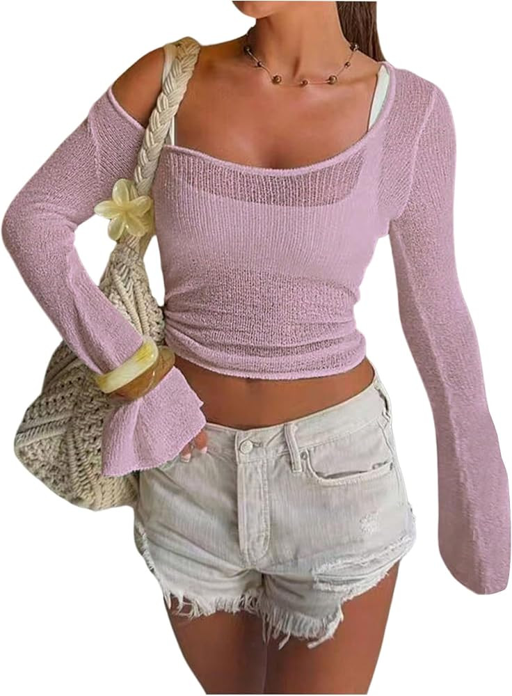 MakeMeChic Women's Knit Tops Bell Sleeve Scoop Neck Sheer Sweater Y2k Crop Tops | Amazon (US)