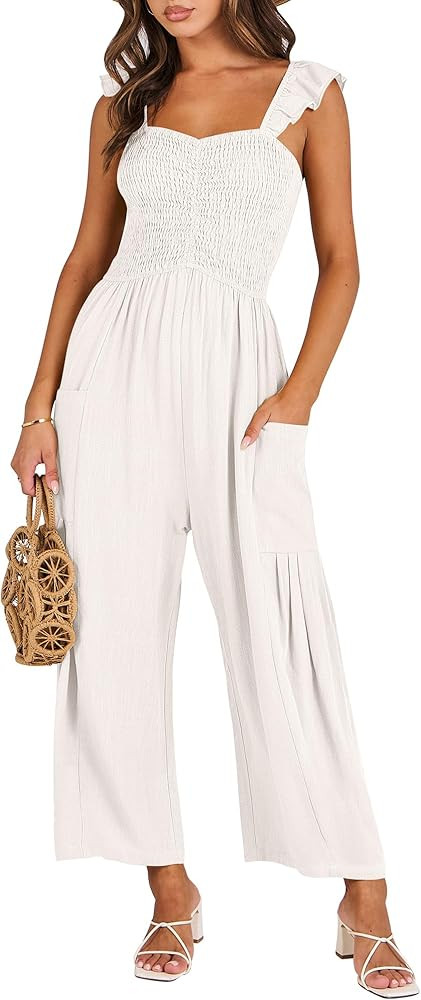 ANRABESS Women Summer Casual Dressy Sleeveless Smocked Wide Leg Linen Jumpsuits Rompers 2025 Tren... | Amazon (US)