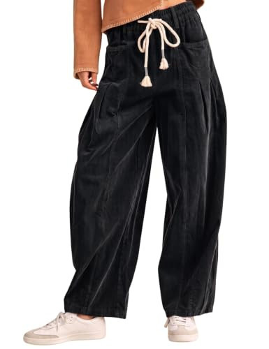 Himosyber Women's Corduroy Pants Baggy Wide Leg Harem Pants (Black-L) | Amazon (US)