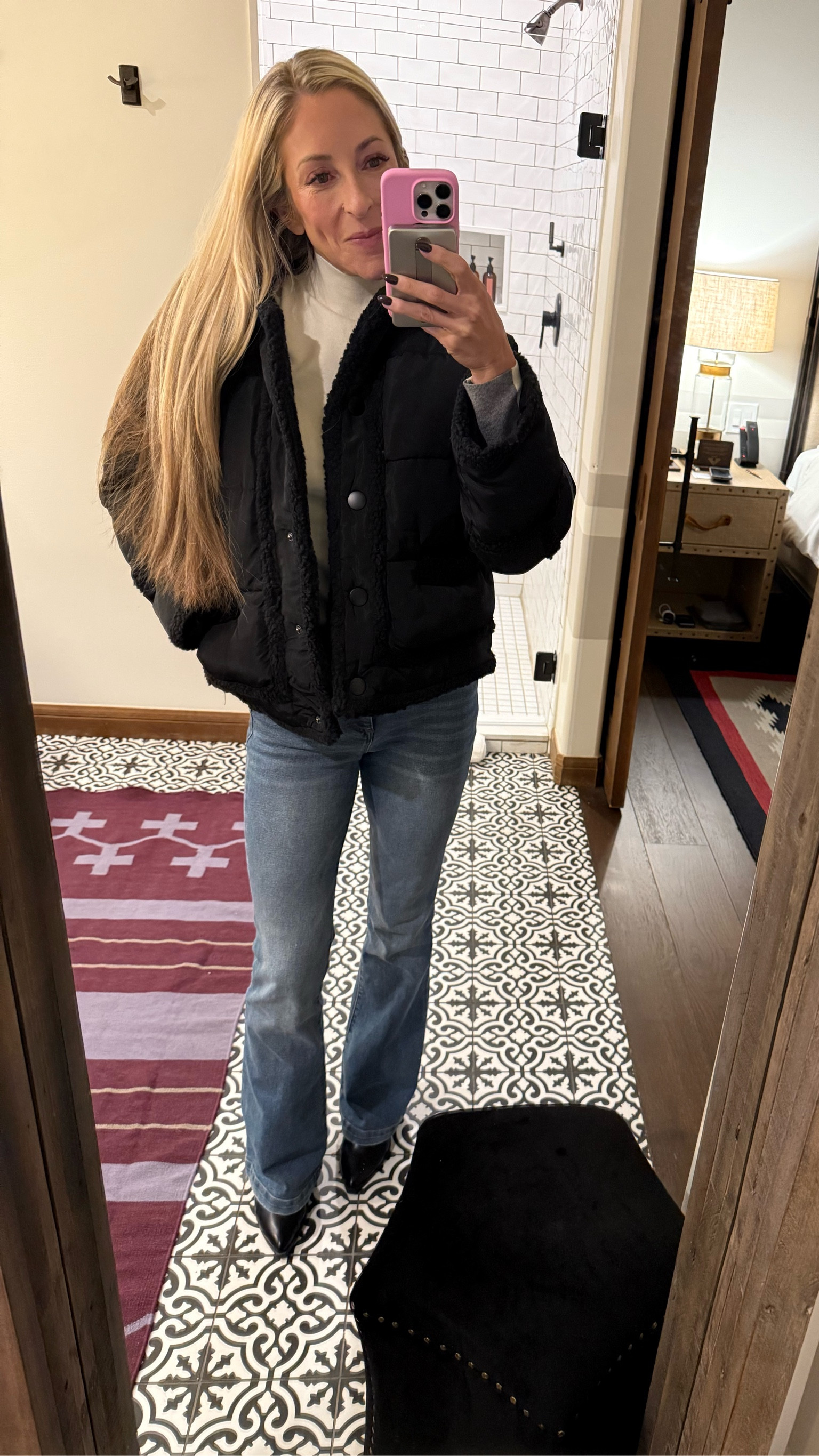 Outfit for Sante Fe, NM getaway, headed to dinner!

The turtle neck is really cool because it’s two toned! White in front, gray in the back!

Found this cozy jacket at target on sale, online has limited size options but maybe your target still has one in your size!

Jeans are from Walmart and are just $24 - cannot get enough of the Sofia jeans. 

Boots are from Amazon and I love them so much - I can wear them for hours and they never hurt my feet!
