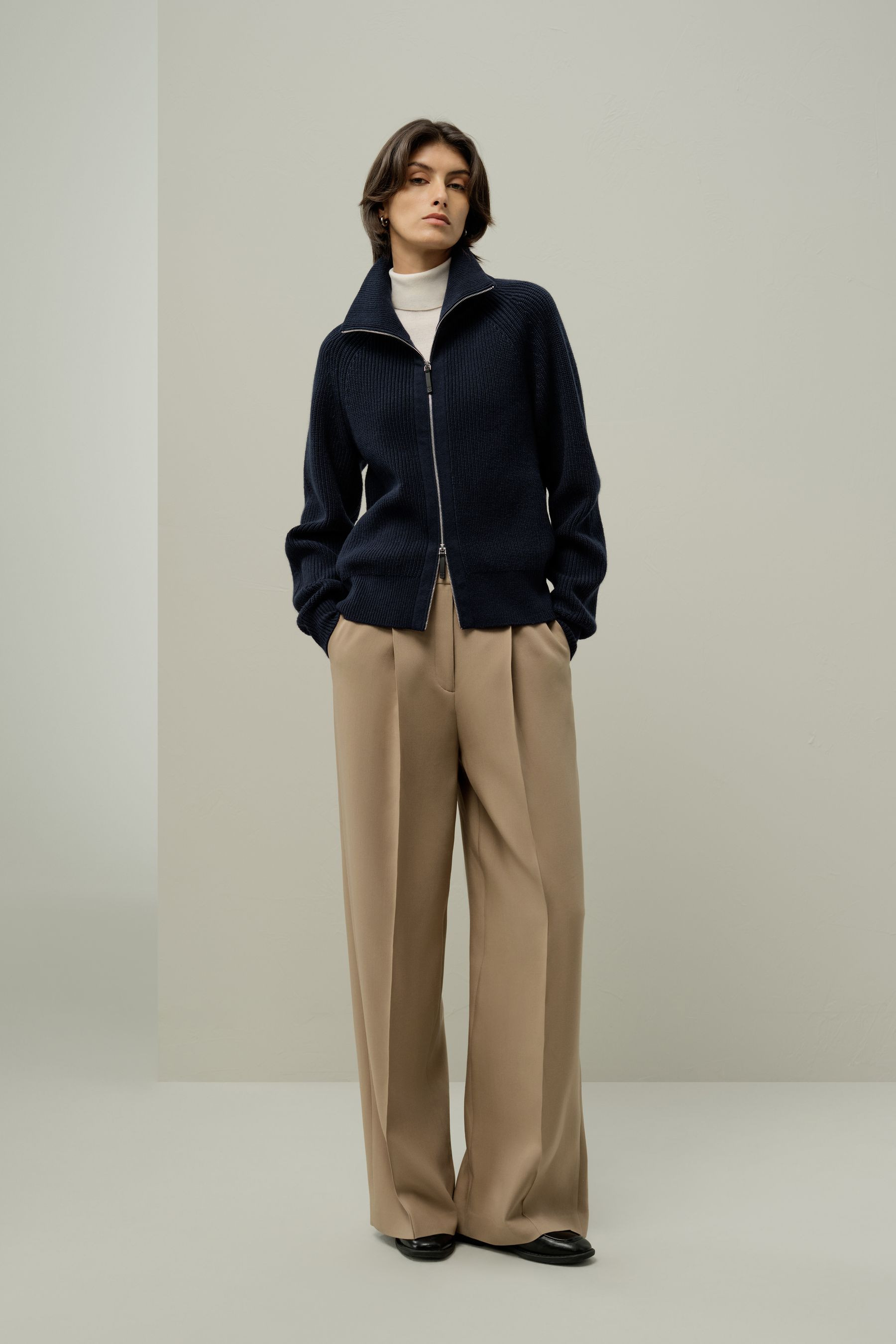 Ribbed-knit Turtleneck Zip Cardigan | LILYSILK