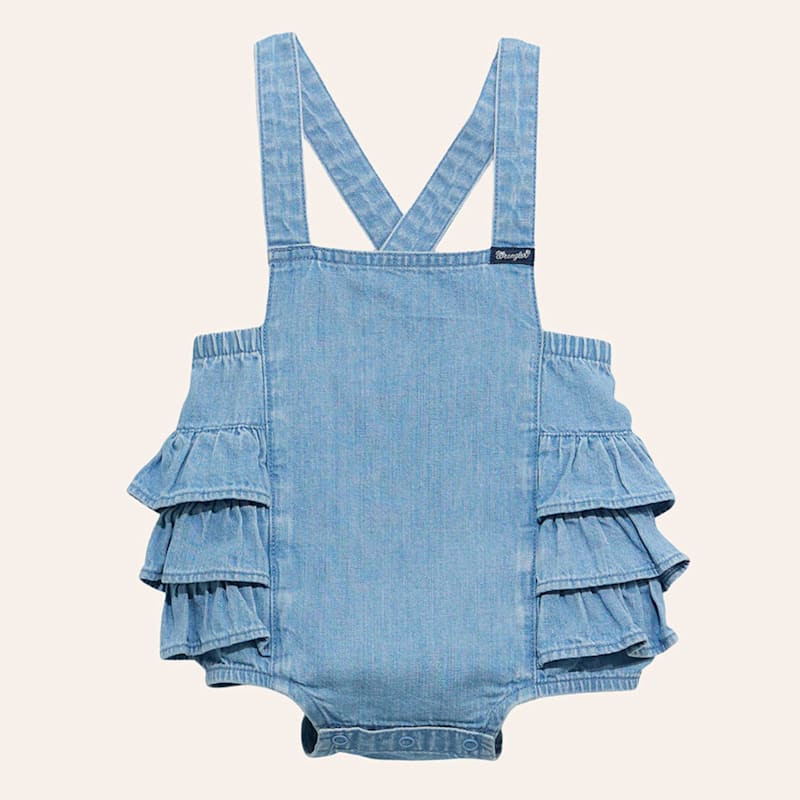 Wrangler Infant Girls' Light Wash Denim Ruffle Overall Onesie | Cavender's
